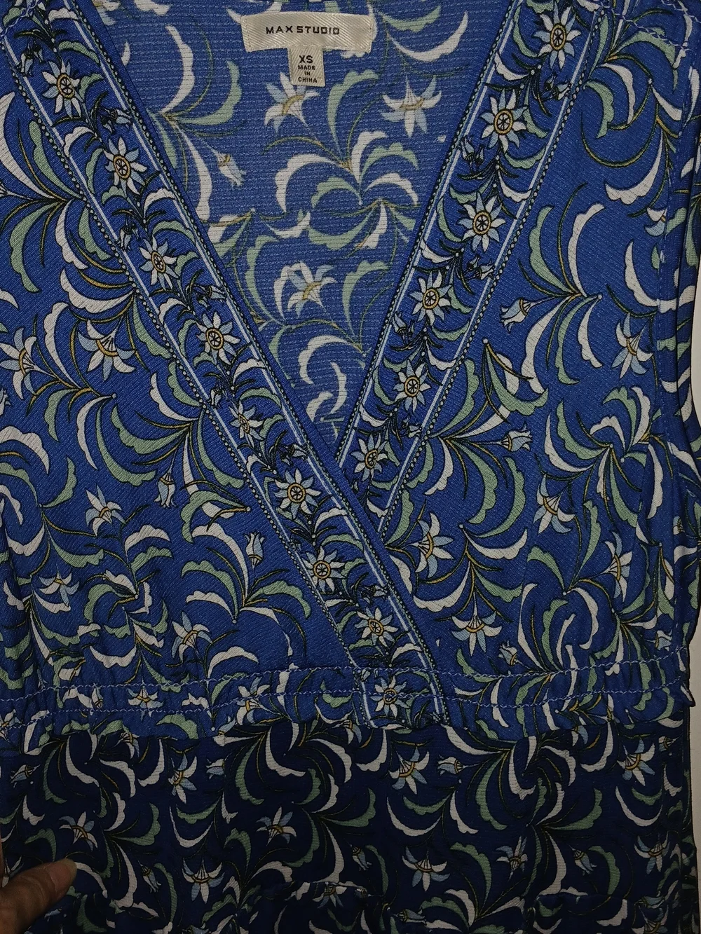 Max Studio Navy Green and White Sleeveless Floral Daisy V Neck  Dress Sz XS